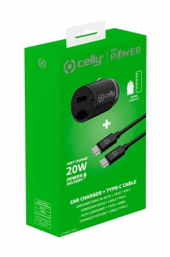 Celly Biloplader Mini USB-C PD 20W + USB-C til USB-C-kabel