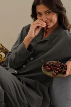 Ellos Home Pyjamasskjorte Long Sleeve Shirt Elly i genanvendt halvlinned