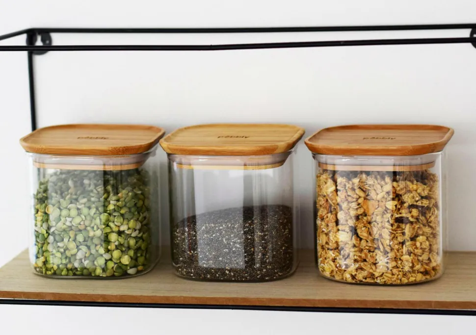 Pebbly Sæt med 3 firkantede stabelbeholdere i glas - 800 ml